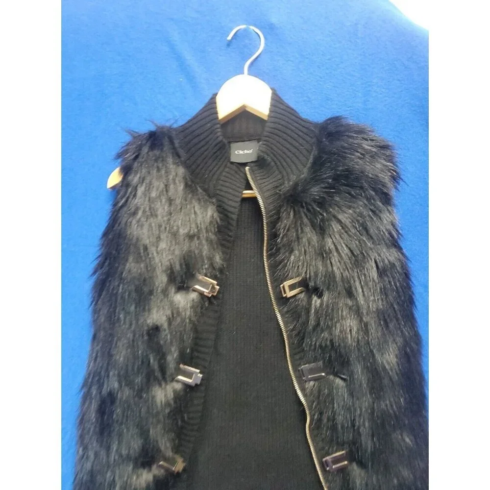 Cliche Black Faux Fur Wool Knit Sweater Vest Size S